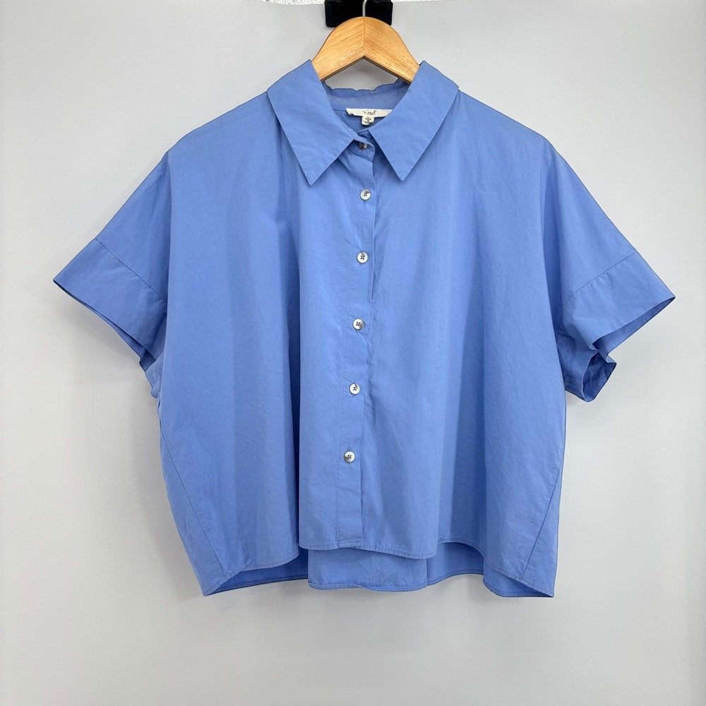 Easel Los Angeles Blue Boxy Short Sleeve Pleated Back Button Down Top Large
